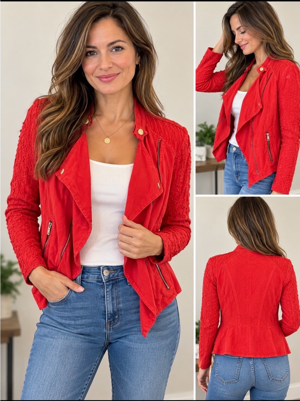 INC 100% linen red jacket with lace sleeve